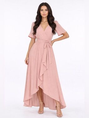 Soft Blush High-Low Wrap Maxi Dress with Tie Waist